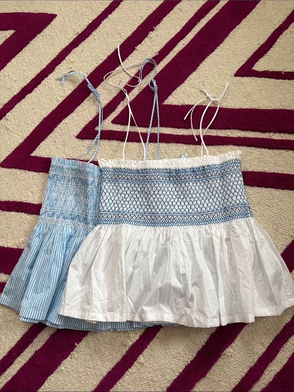 Two new J Crew Smocked Blue & White peplum tops